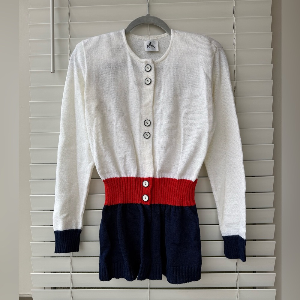 Vintage Ami Womens Size 8 White Cardigan Sweater Long Sleeve Color block USA 80s